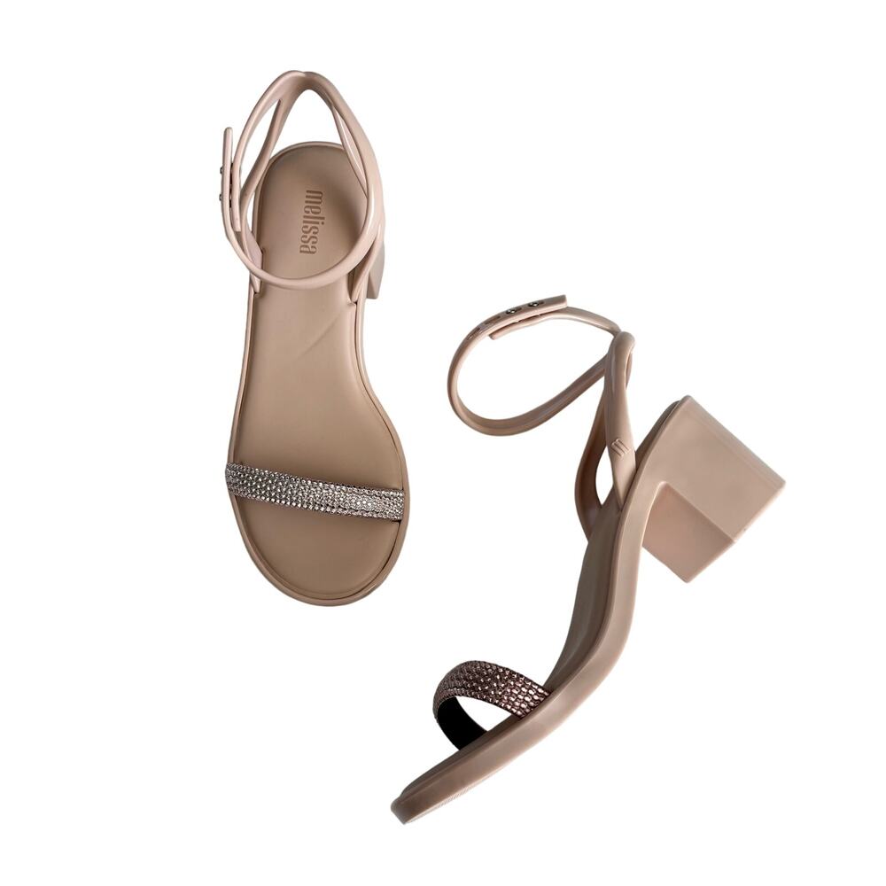 Melissa Women’s Shiny Pink Metallic Toe Strap Block Heel Sandals Size 5